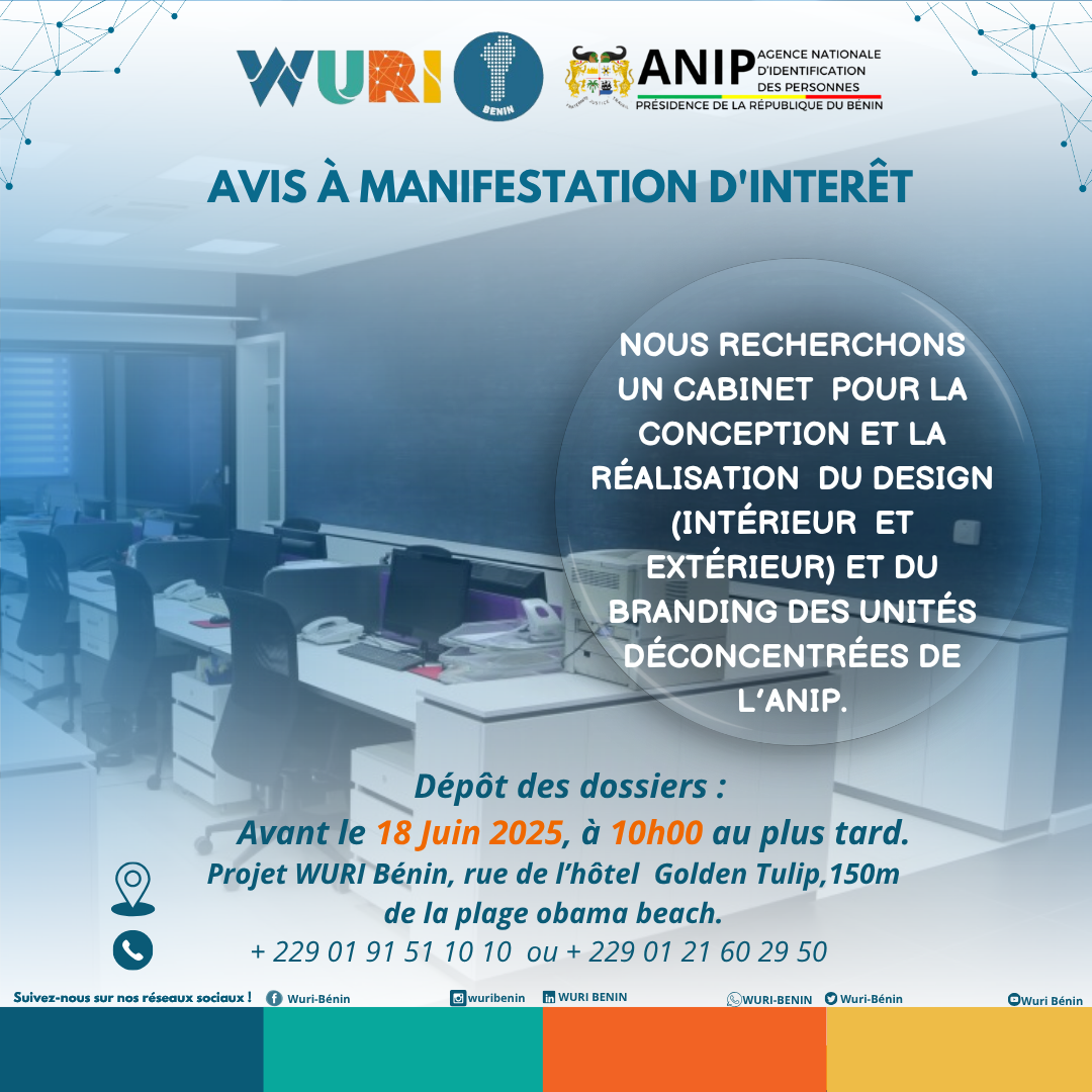 RECRUTEMENT D’UN CABINET POUR LA CONCEPTION ET LA RÉALISATION DU DESIGN (INTÉRIEUR ET EXTÉRIEUR) ET DU BRANDING DES UNITÉS DÉCONCENTRÉES DE L’ANIP.