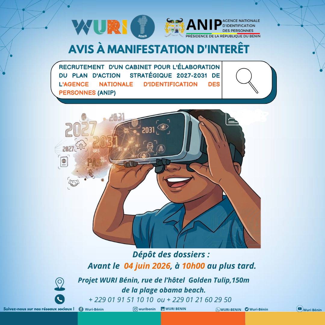AVIS À MANIFESTATION D’INTÉRÊT POUR LE RECRUTEMENT D’UN CABINET POUR L’ÉLABORATION DU PLAN D’ACTION STRATÉGIQUE 2027-2031 DE L’AGENCE NATIONALE D’IDENTIFICATION DES PERSONNES (ANIP).