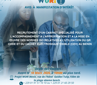 RECRUTEMENT D’UN CABINET SPÉCIALISÉ POUR L’ACCOMPAGNEMENT A L’APPROPRIATION ET A LA MISE EN ŒUVRE DES NORMES ISO RELATIVES A L’UTILISATION DU QR CODE ET DU CACHET ELECTRONIQUE VISIBLE (CEV) AU BENIN.
