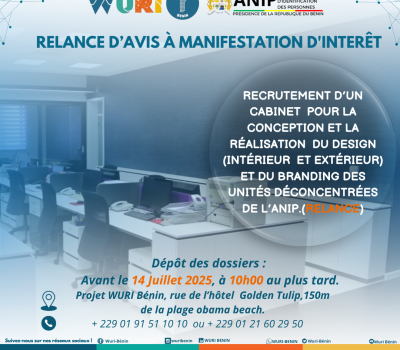 RECRUTEMENT D’UN CABINET POUR LA CONCEPTION ET LA RÉALISATION DU DESIGN (INTÉRIEUR ET EXTÉRIEUR) ET DU BRANDING DES UNITÉS DÉCONCENTRÉES DE L’ANIP. (Relance)
