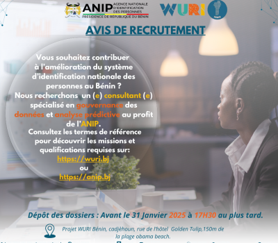 RECRUTEMENT D’UN(E) CONSULTANT(E) EN GOUVERNANCE DES DONNÉES ET ANALYSE PRÉDICTIVE AU PROFIT DE L’ANIP